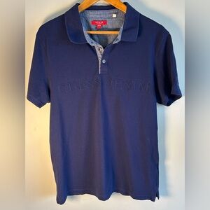 Guess Los Angeles Mens Navy Blue Polo Shirt Guess Denim Embossed Spell Out Sz L